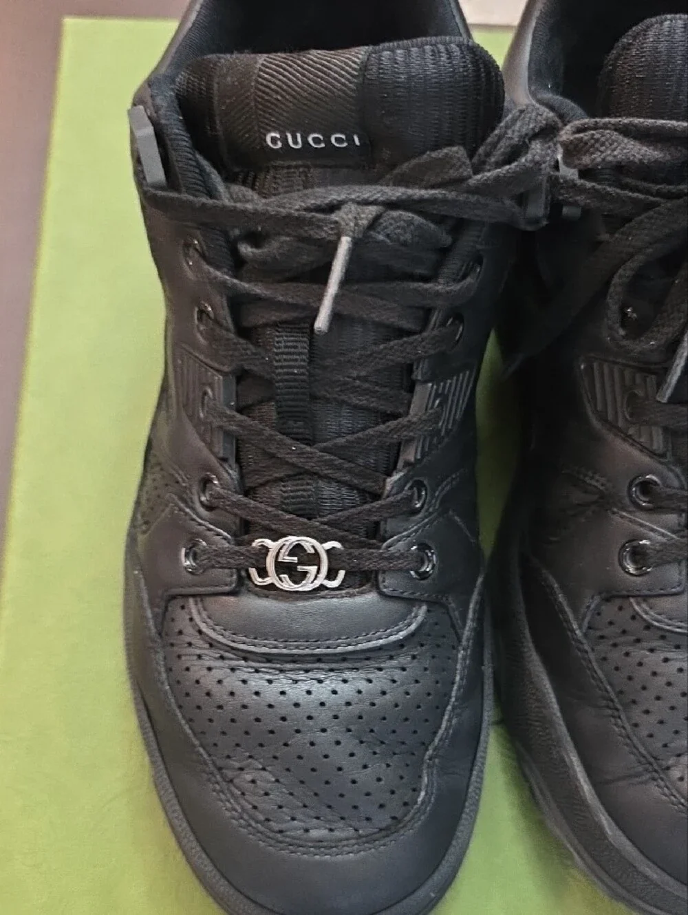 Gucci Men’s Black Leather Sneakers with Silver Double G Hardware